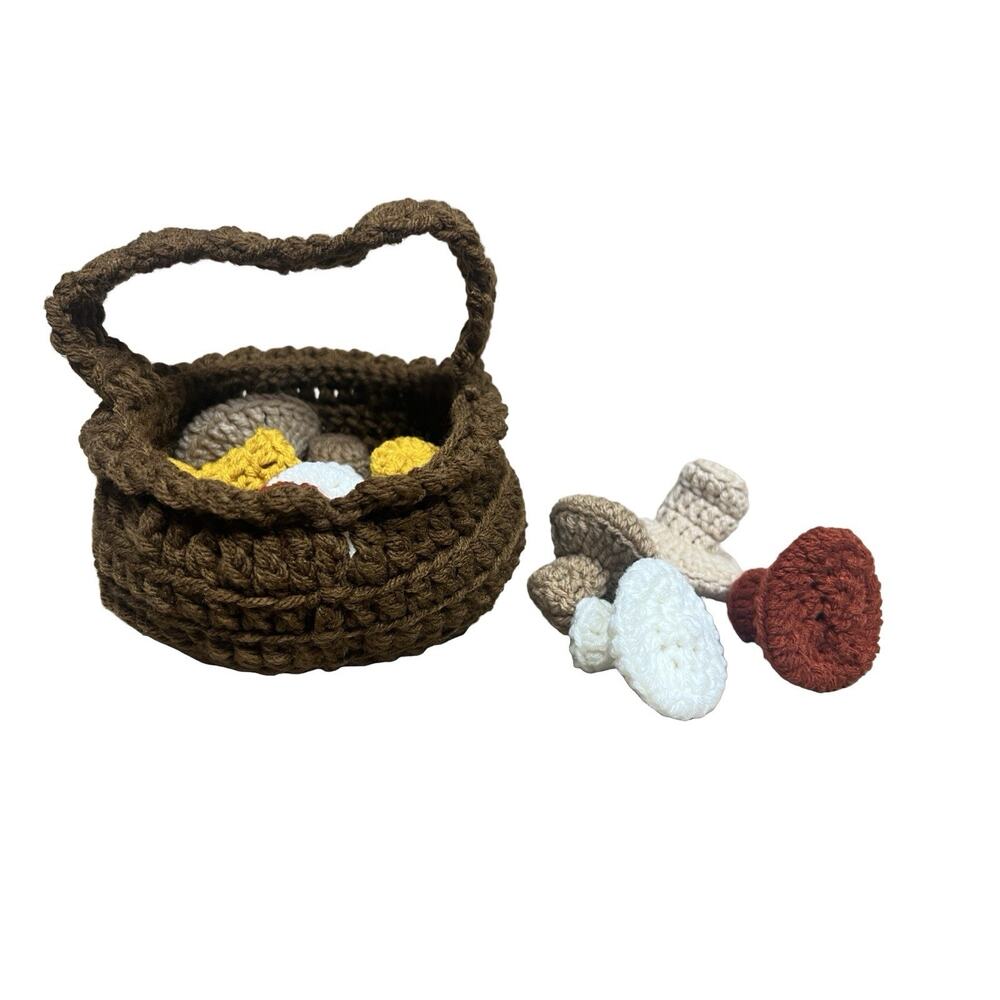 Handmade Crochet Basket of Mushrooms Cottagecore Soft Plush Kids Room Decor